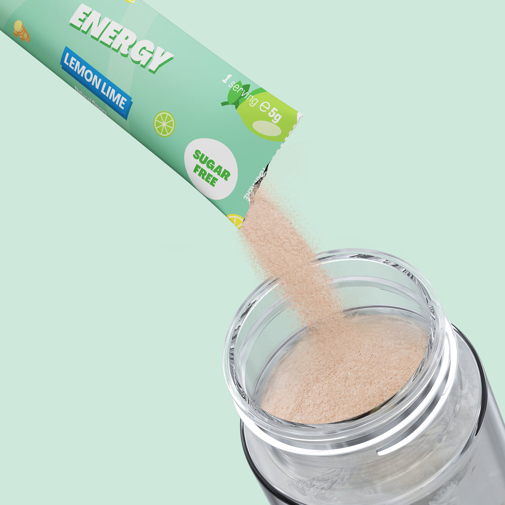 Qallo Energy Lemon Lime sachets: sachet poured into a bottle
