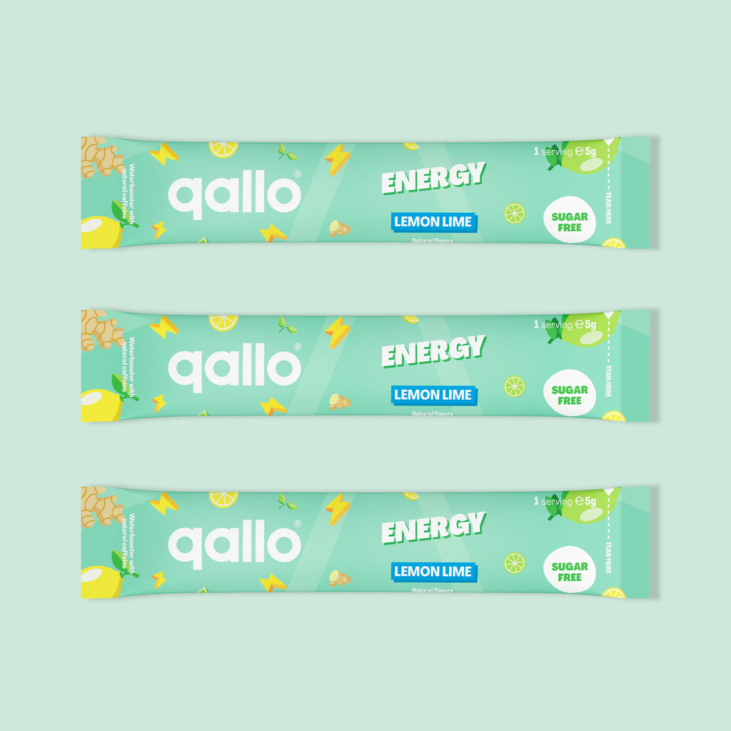 Qallo Energy Lemon Lime sachets, three sachets