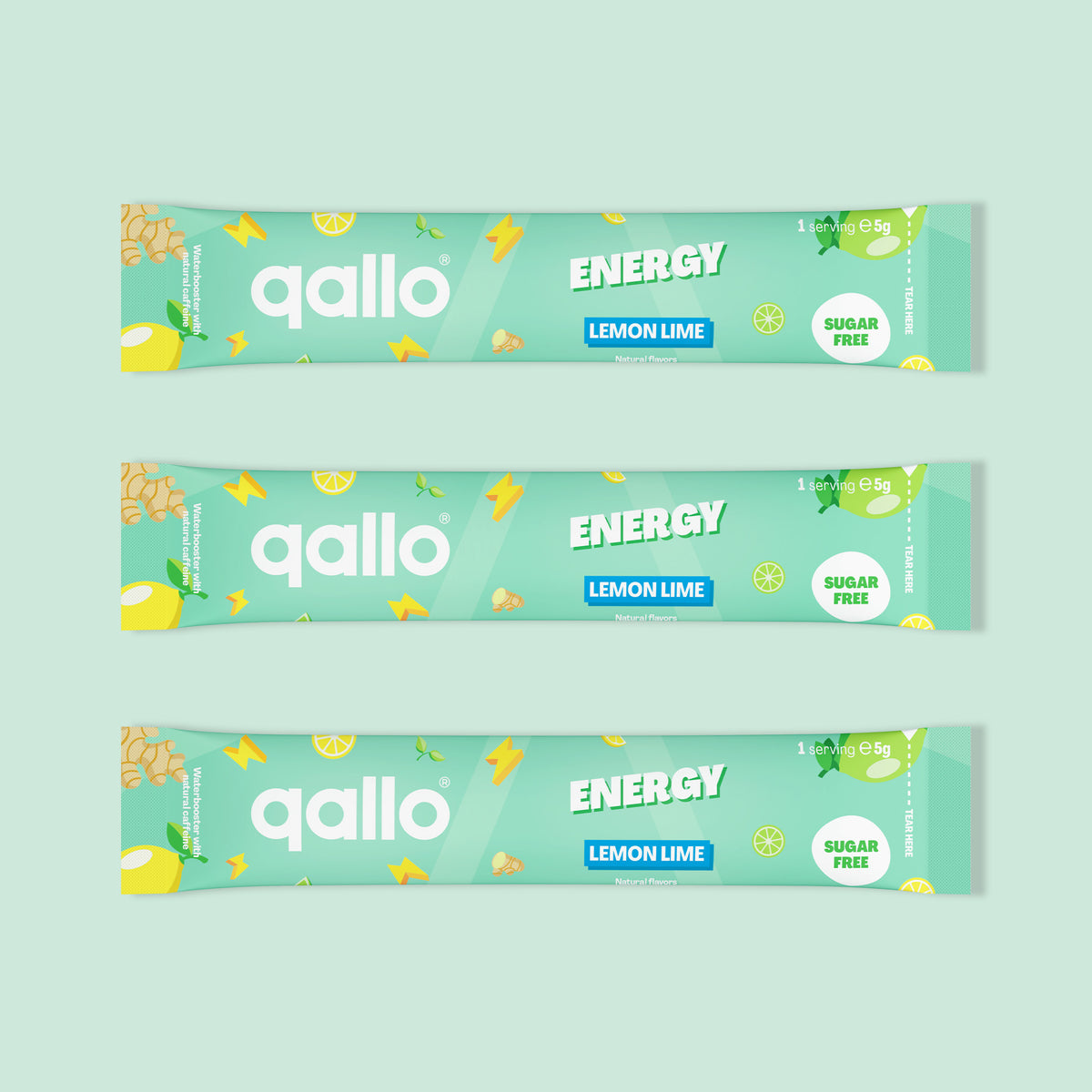 Qallo Energy Lemon Lime sachets, three sachets