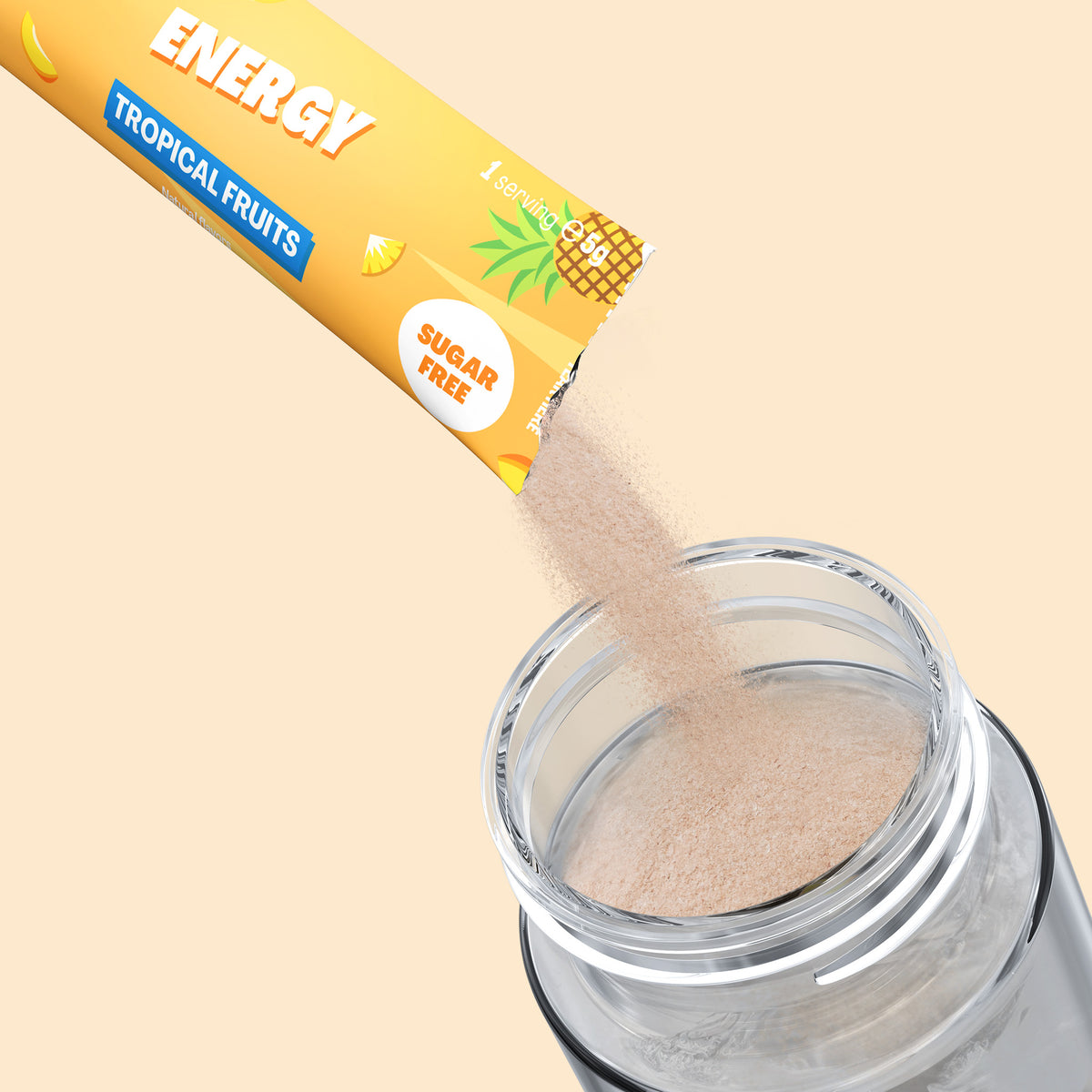 Qallo Energy Tropical Fruits sachets: sachet poured into a bottle
