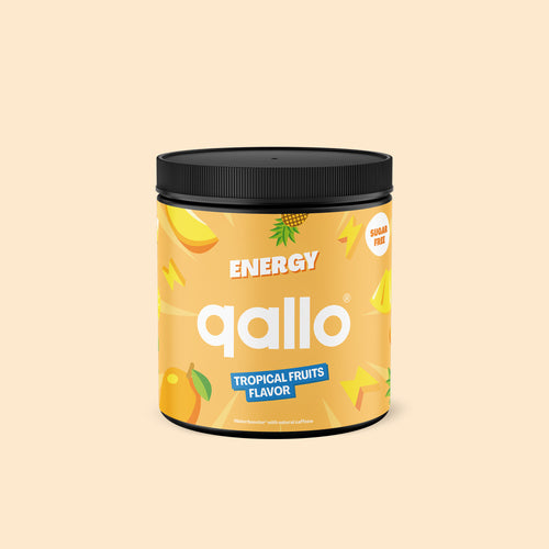 Qallo Energy Tropical Fruits tub, 60 portions, front