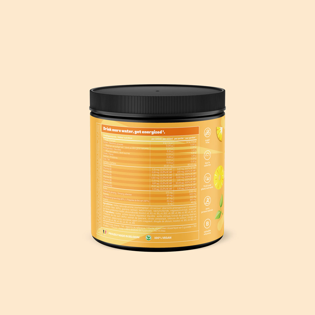 Qallo Energy Tropical Fruits tub, back with nutrition information