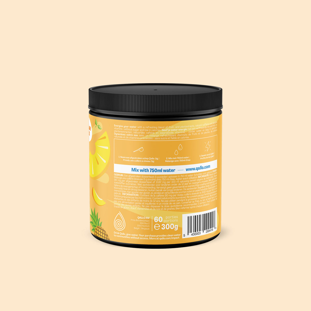 Qallo Energy Tropical Fruits tub, side with usage instructions