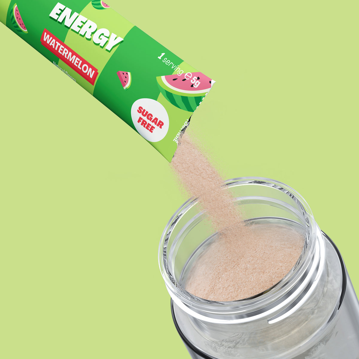 Qallo Energy Watermelon sachets: sachet poured into a bottle