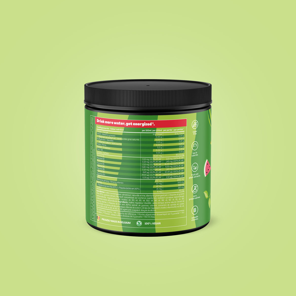Qallo Energy Watermelon tub, back with nutrition information