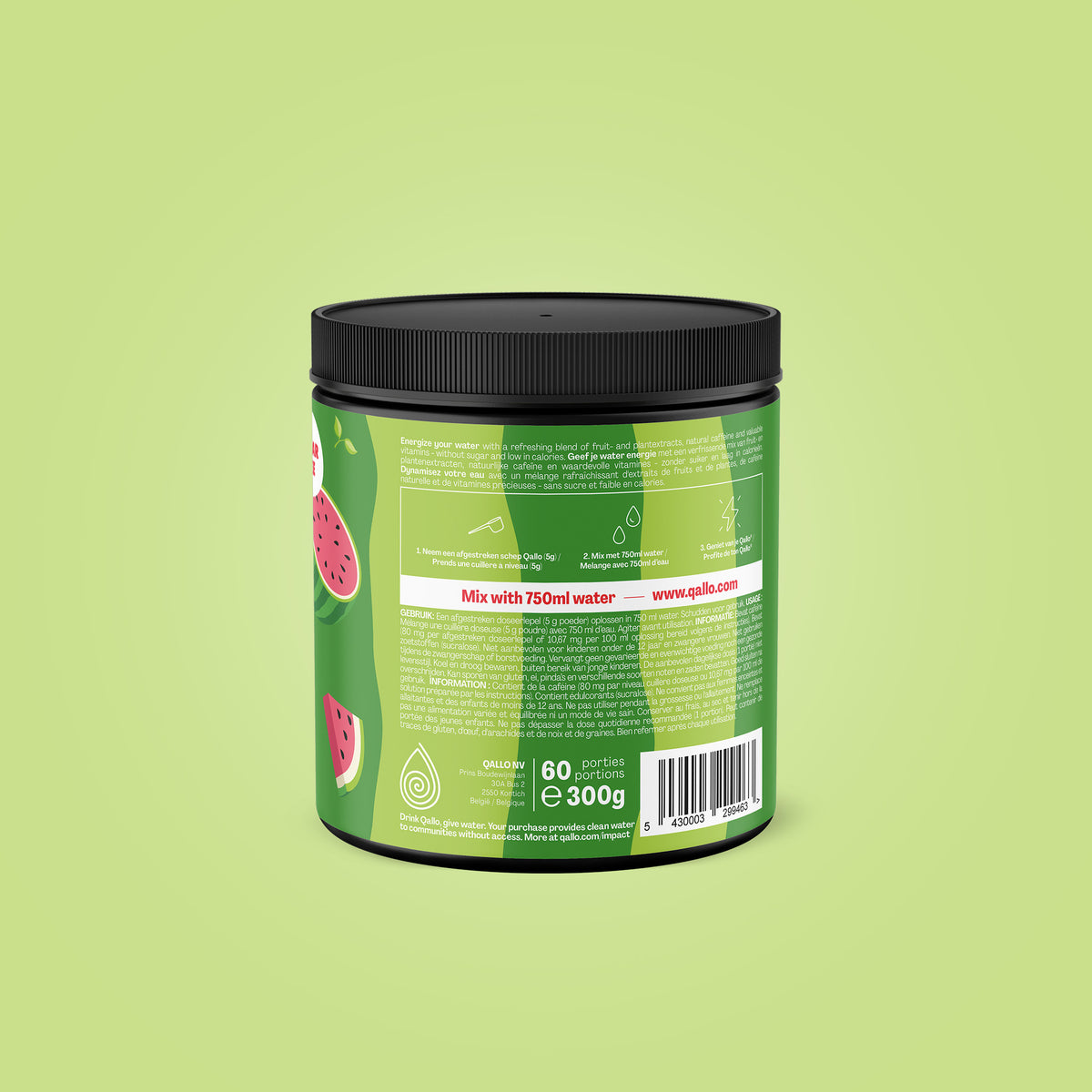 Qallo Energy Watermelon tub, side with usage instructions