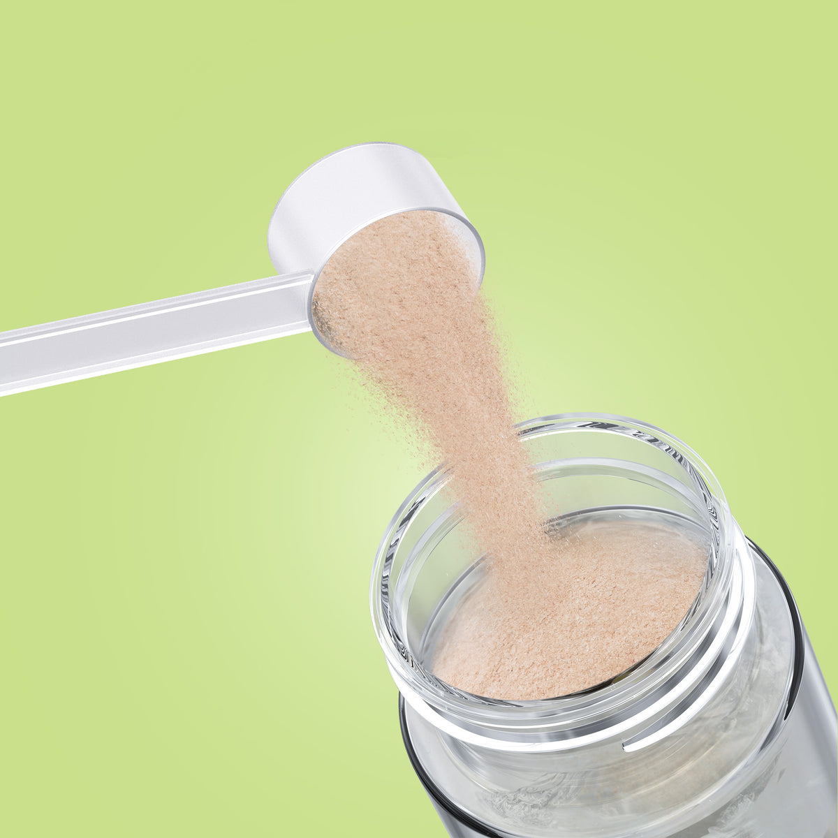 Qallo Energy Watermelon tub: scoop of powder poured into a bottle