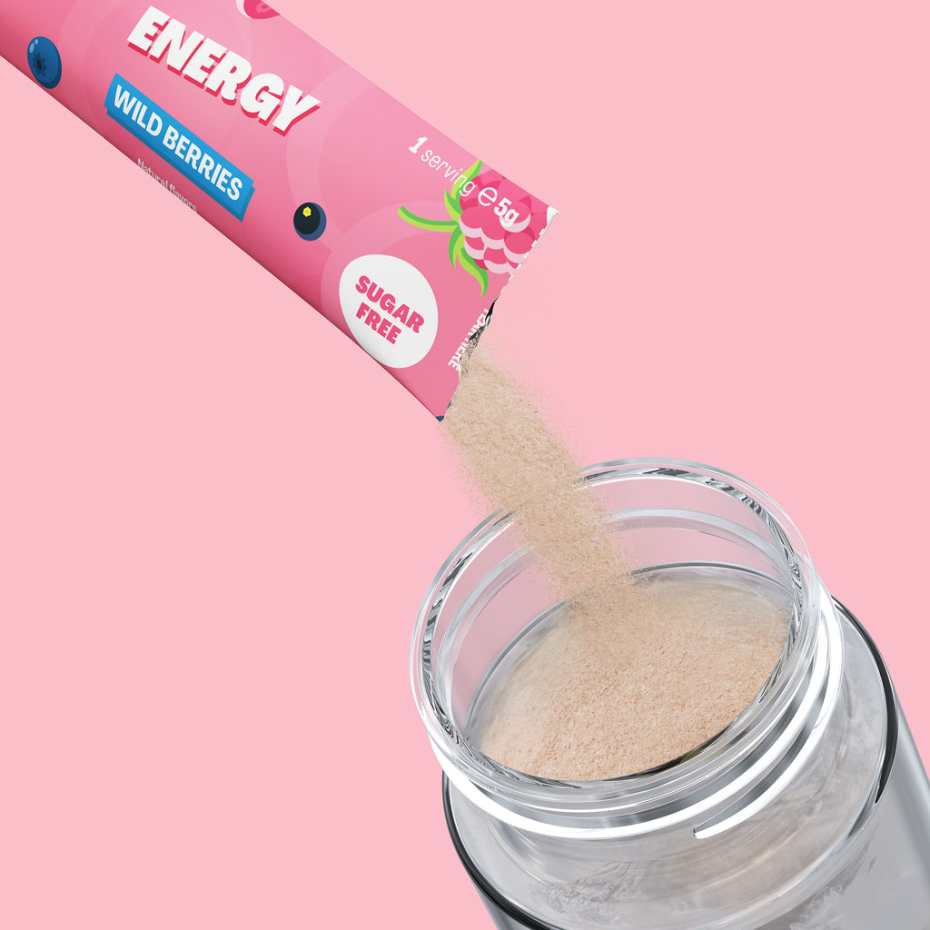 Qallo Energy Wild Berries sachets: sachet poured into a bottle