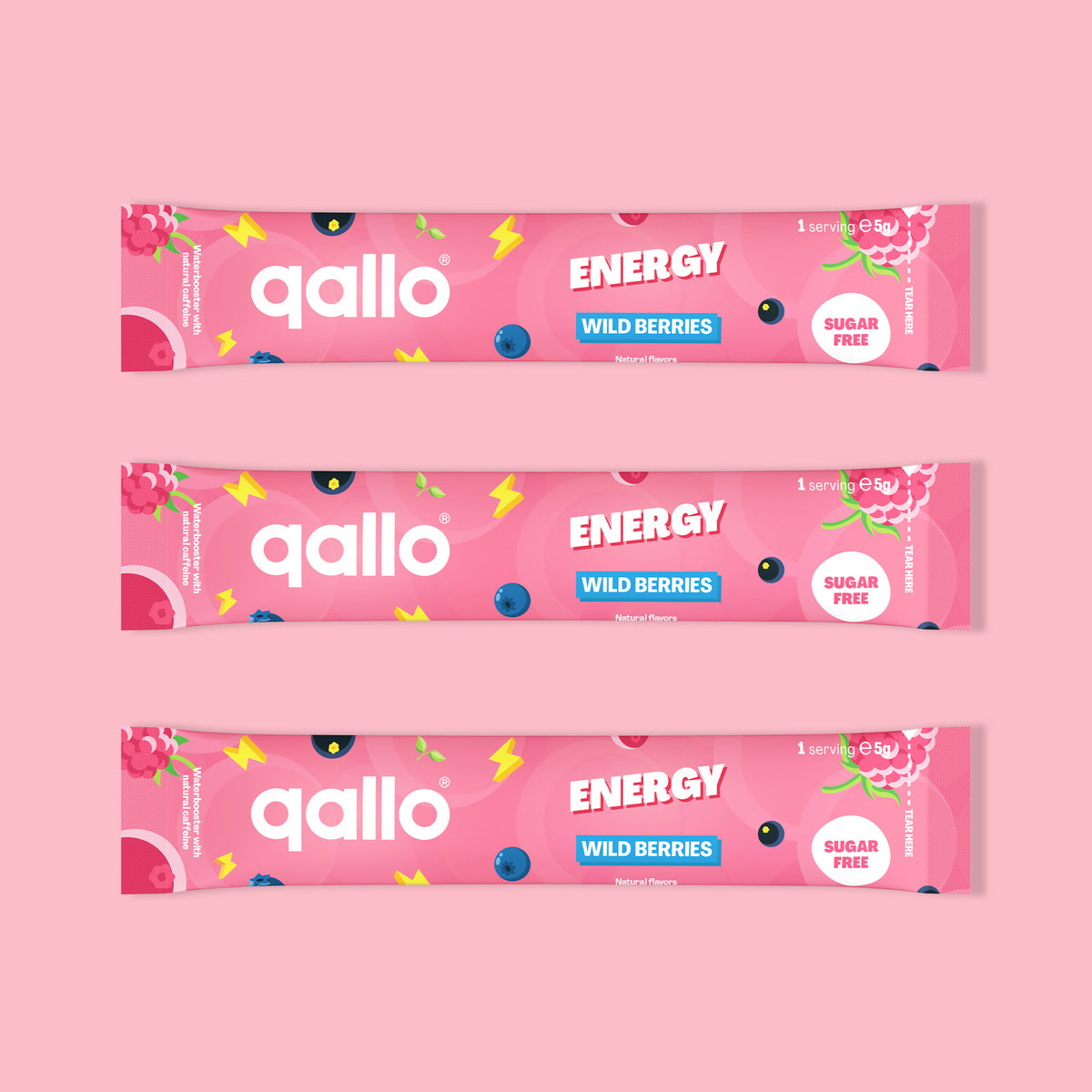 Qallo Energy Wild Berries sachets, three sachets