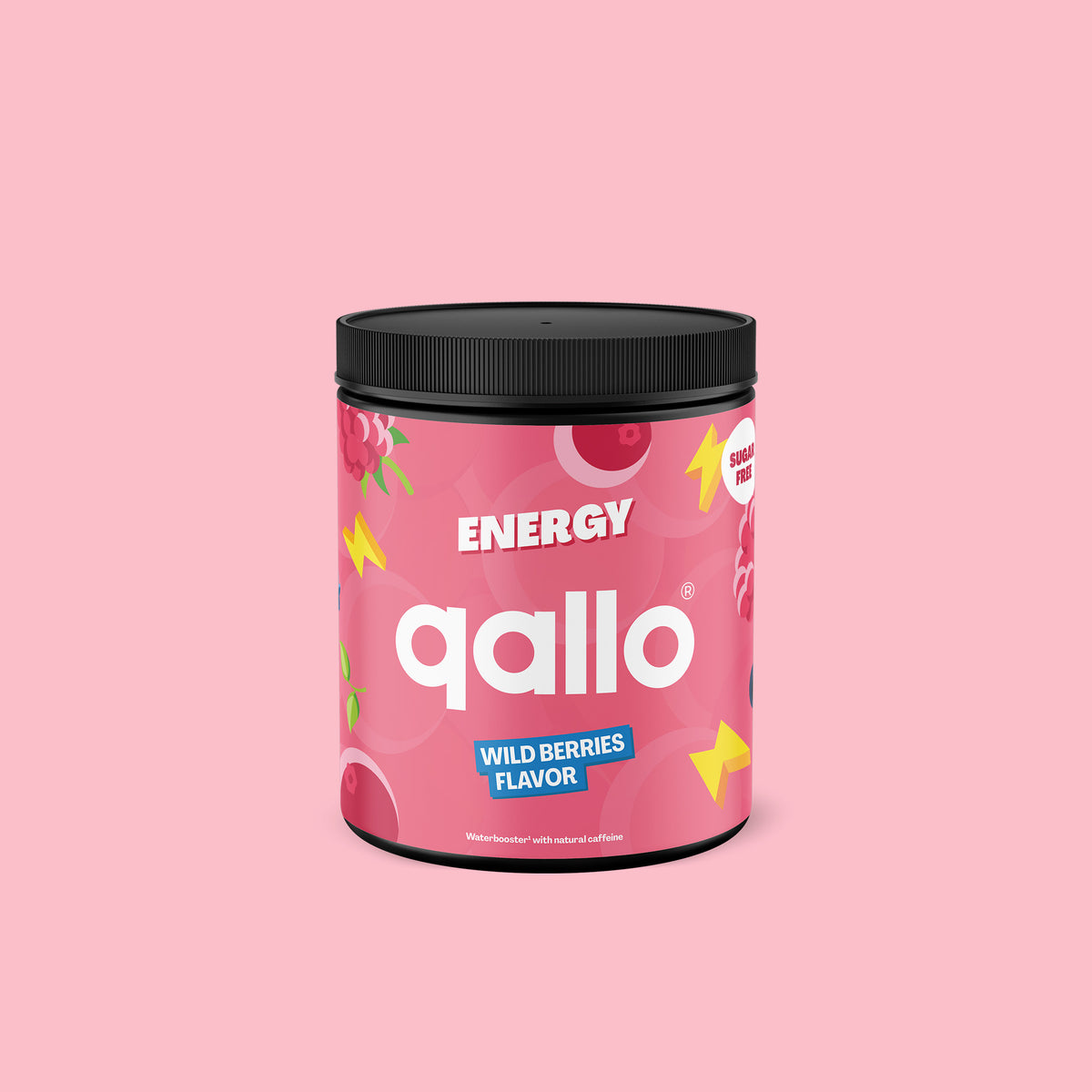 Qallo Energy Wild Berries tub, 30 portions, front