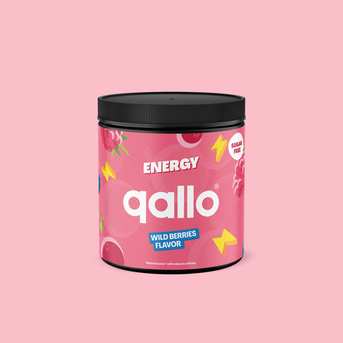 Qallo Energy Wild Berries tub, 60 portions, front