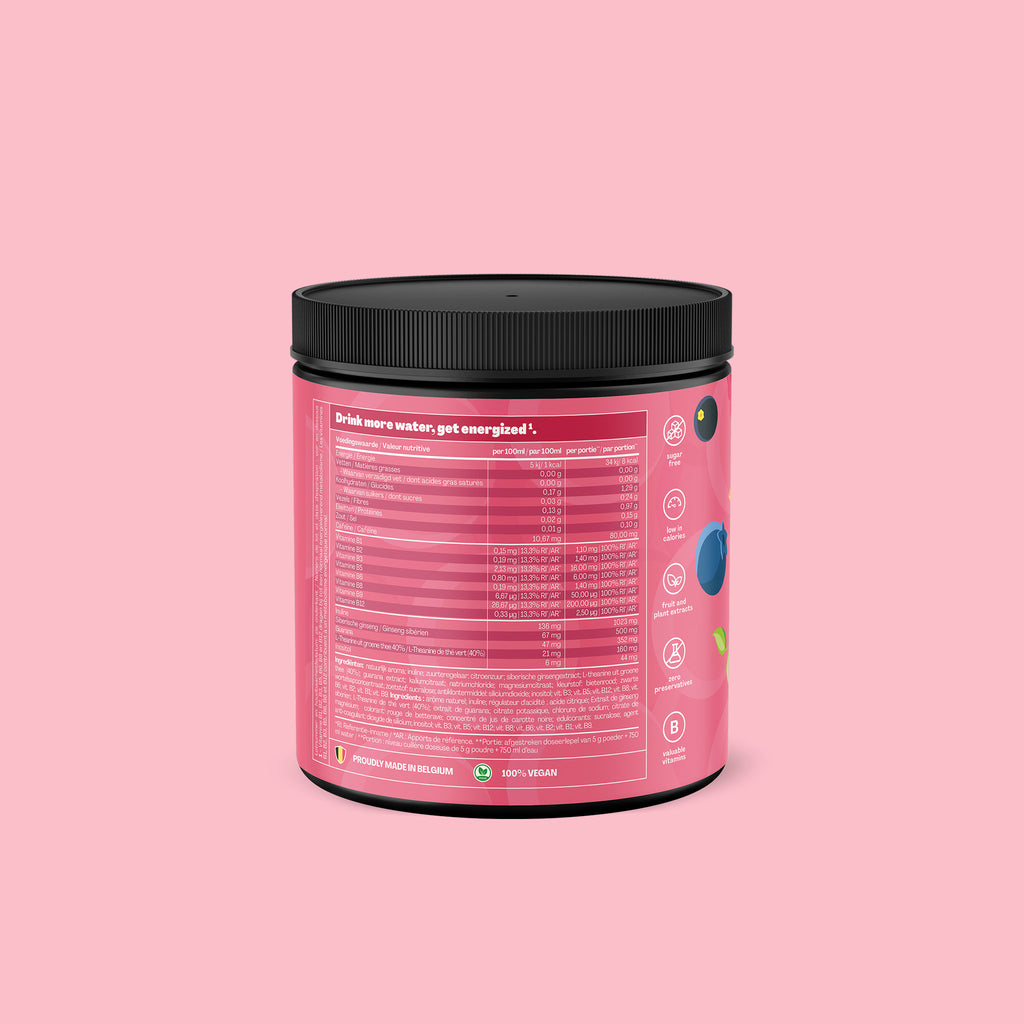 Qallo Energy Wild Berries tub, back with nutrition information