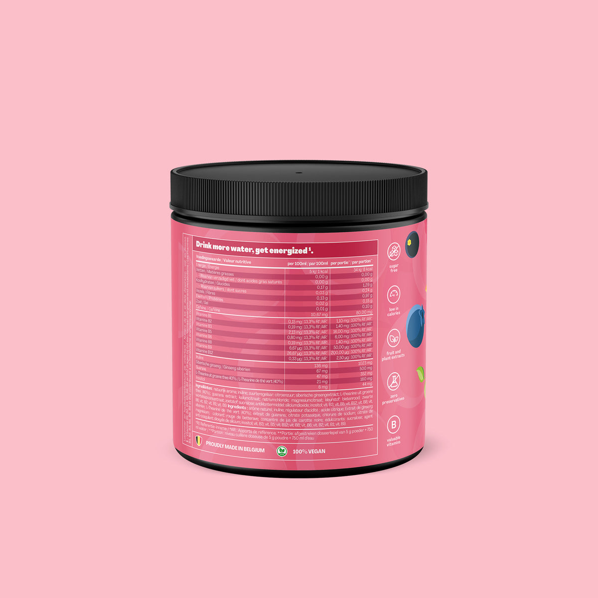 Qallo Energy Wild Berries tub, back with nutrition information