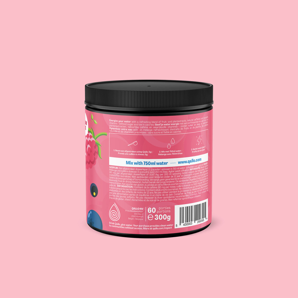 Qallo Energy Wild Berries tub, side with usage instructions