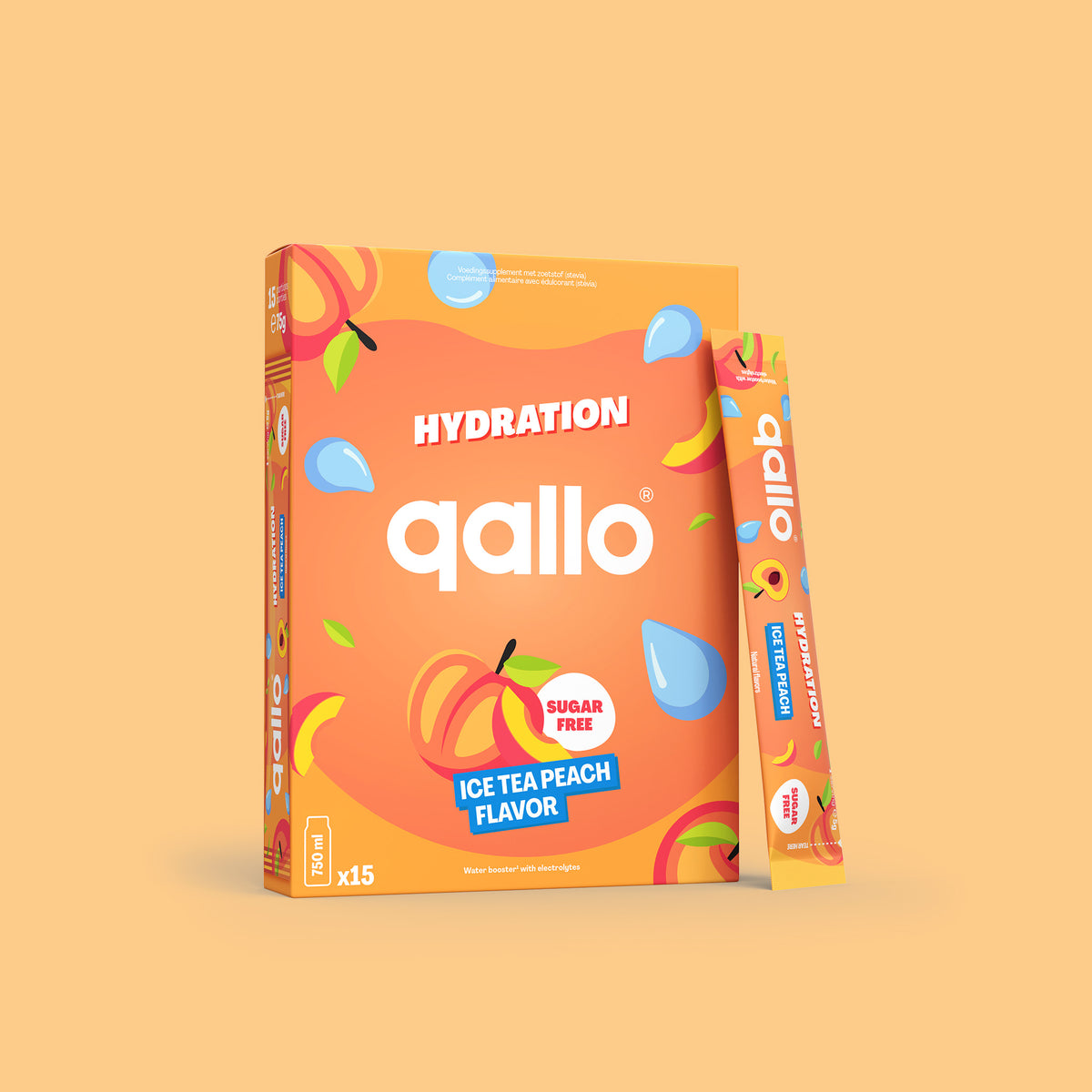 Qallo Hydration Ice Tea Peach sachets, box of 15 sachets