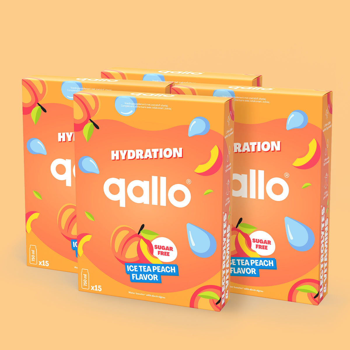Qallo Hydration Ice Tea Peach sachets, 4 boxes with 60 sachets in total