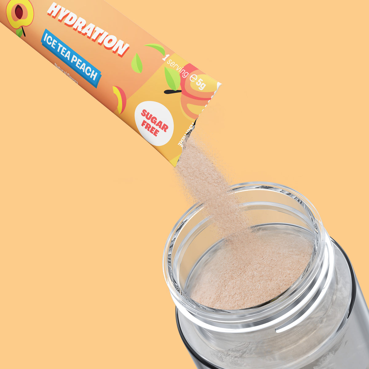 Qallo Hydration Ice Tea Peach sachets: sachet poured into a bottle
