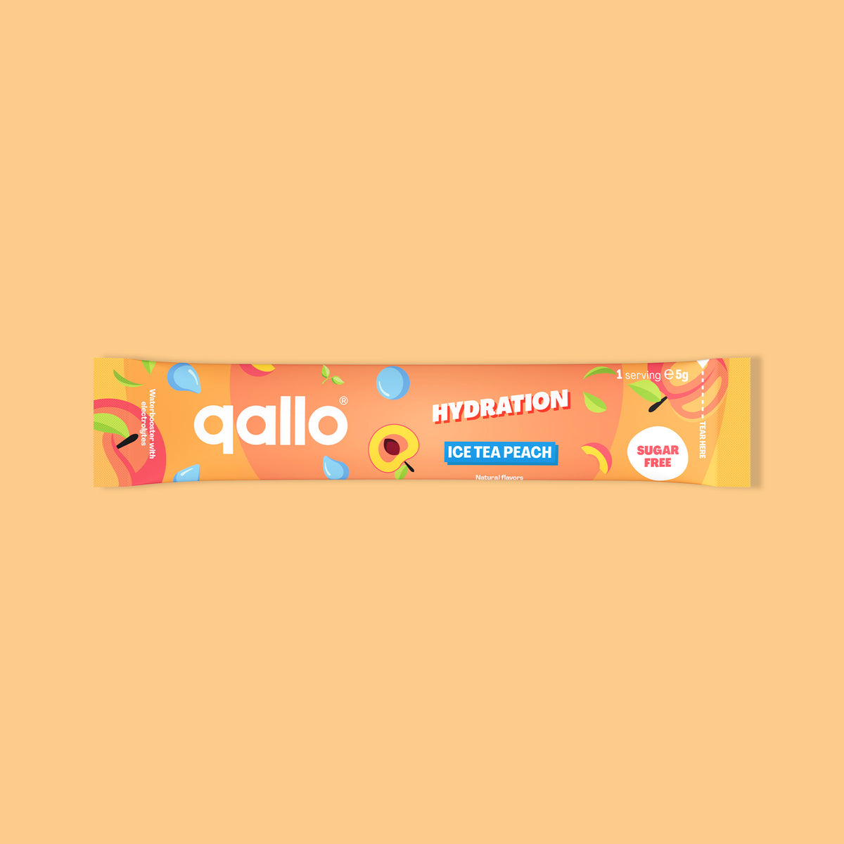Qallo Hydration Ice Tea Peach sachets, single sachet