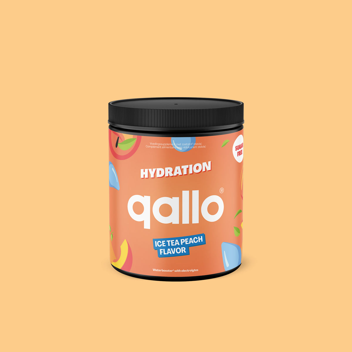Qallo Hydration Ice Tea Peach tub, 30 portions, front