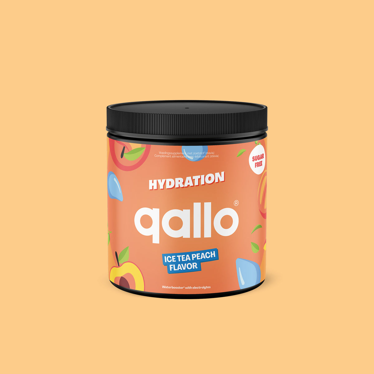 Qallo Hydration Ice Tea Peach tub, 60 portions, front