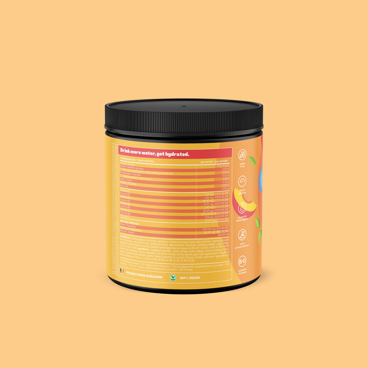 Qallo Hydration Ice Tea Peach tub, back with nutrition information