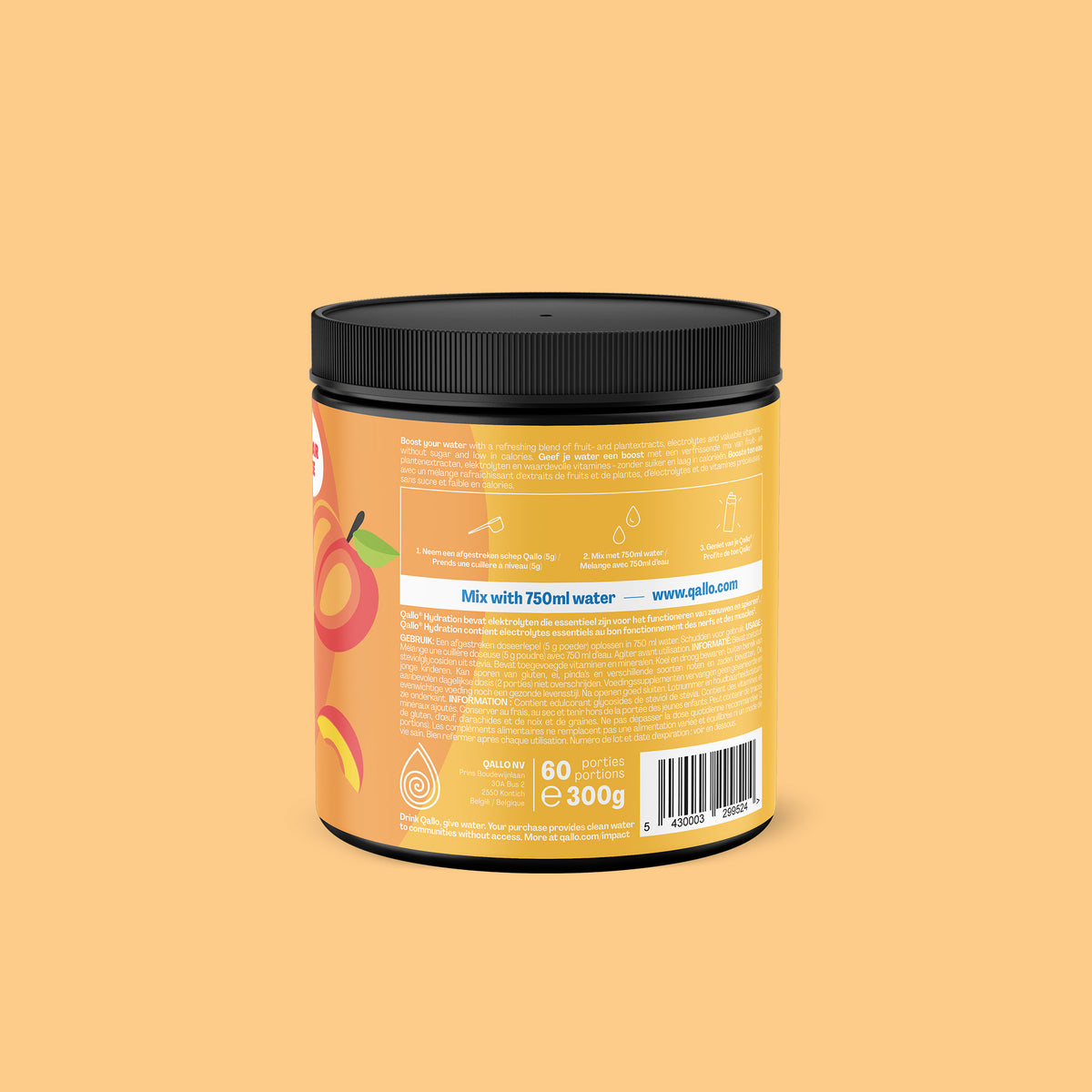 Qallo Hydration Ice Tea Peach tub, side with usage instructions