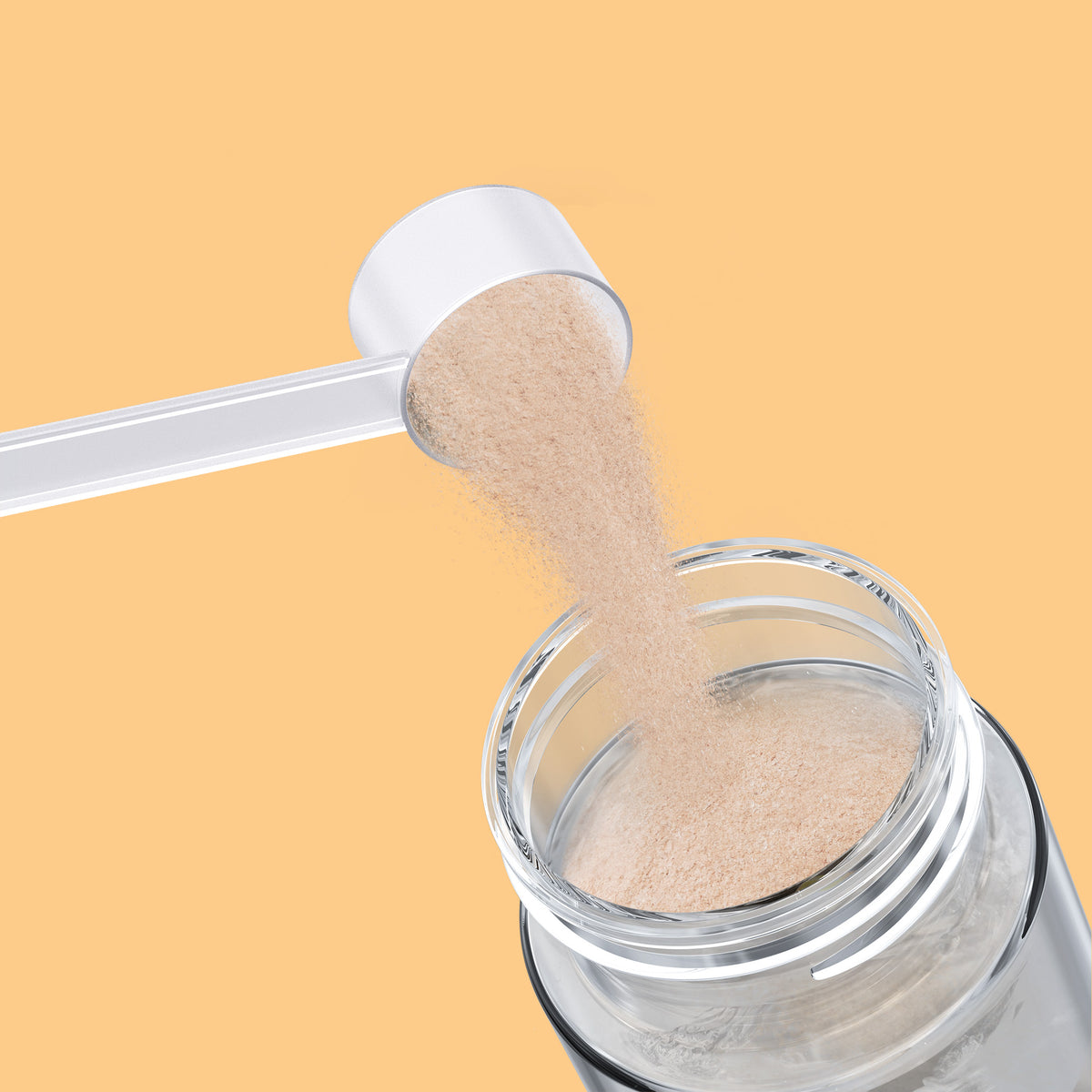 Qallo Hydration Ice Tea Peach tub: scoop of powder poured into a bottle