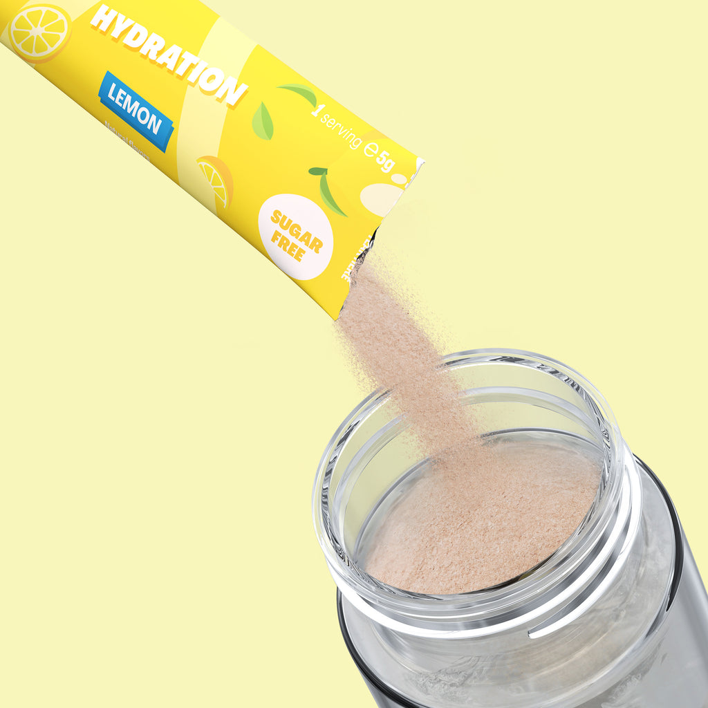 Qallo Hydration Lemon sachets: sachet poured into a bottle