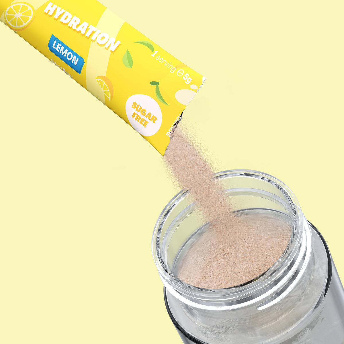 Qallo Hydration Lemon sachets: sachet poured into a bottle