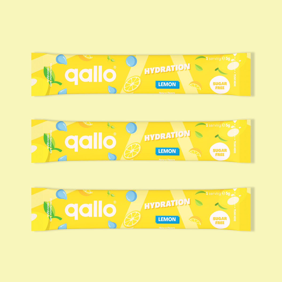 Qallo Hydration Lemon sachets, three sachets