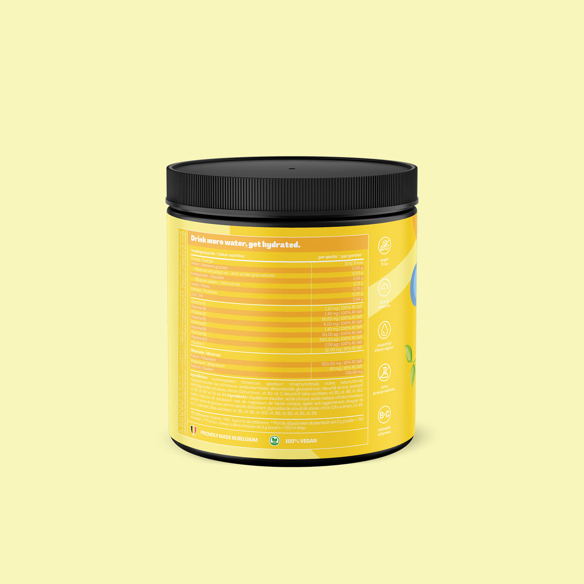 Qallo Hydration Lemon tub, back with nutrition information