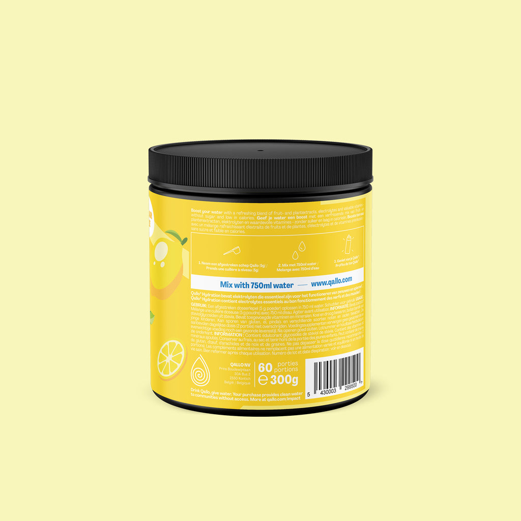 Qallo Hydration Lemon tub, side with usage instructions