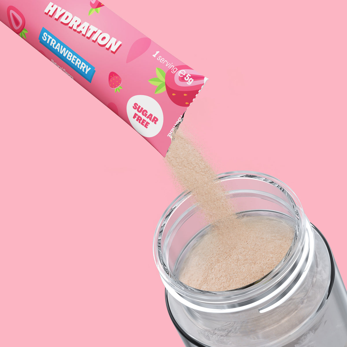 Qallo Hydration Strawberry sachets: sachet poured into a bottle