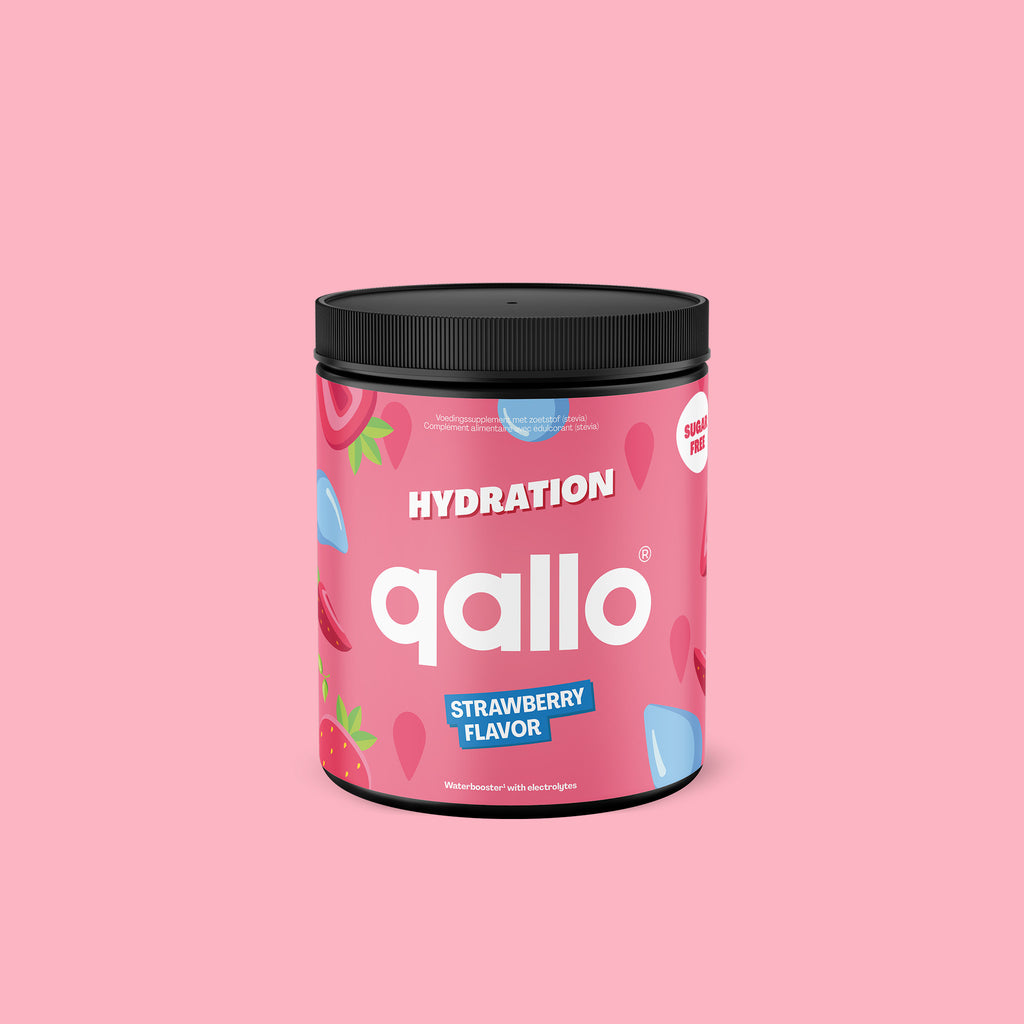Qallo Hydration Strawberry tub, 30 portions, front