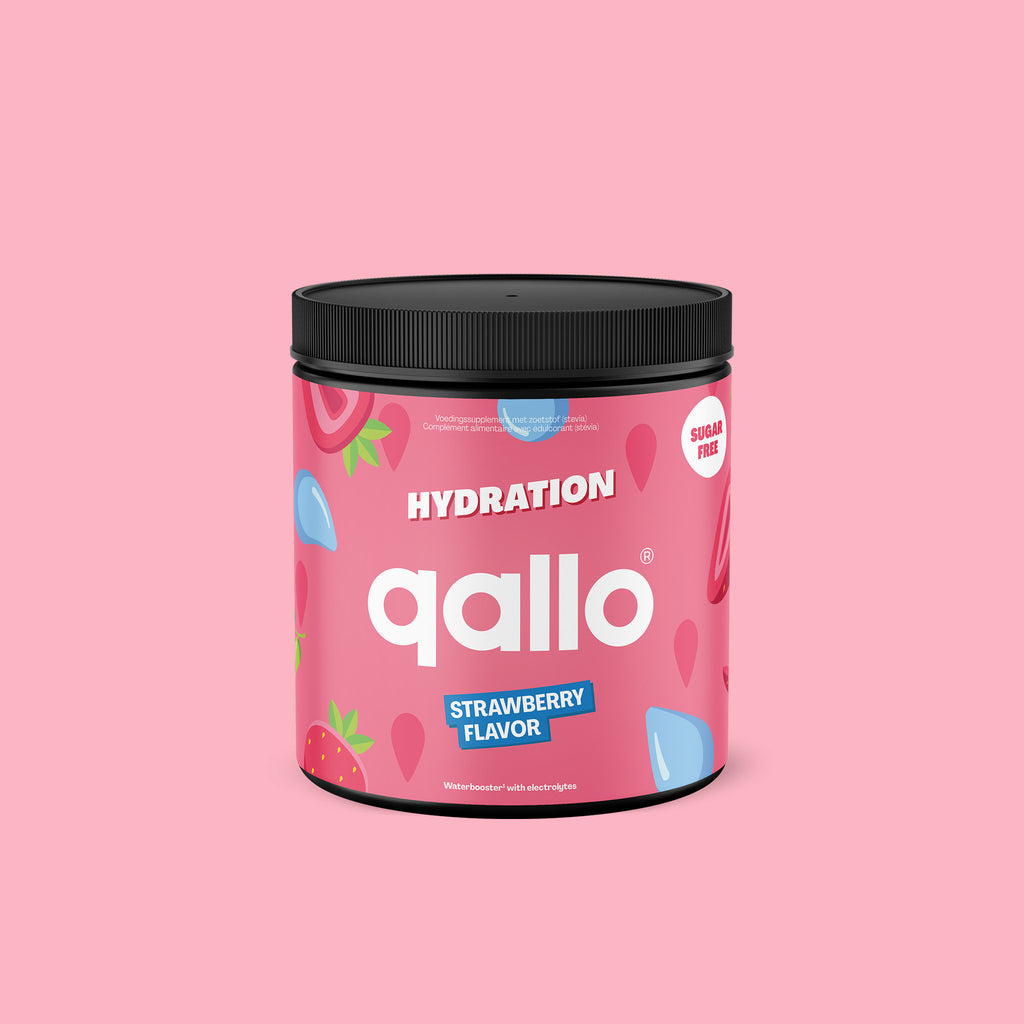 Qallo Hydration Strawberry tub, 60 portions, front