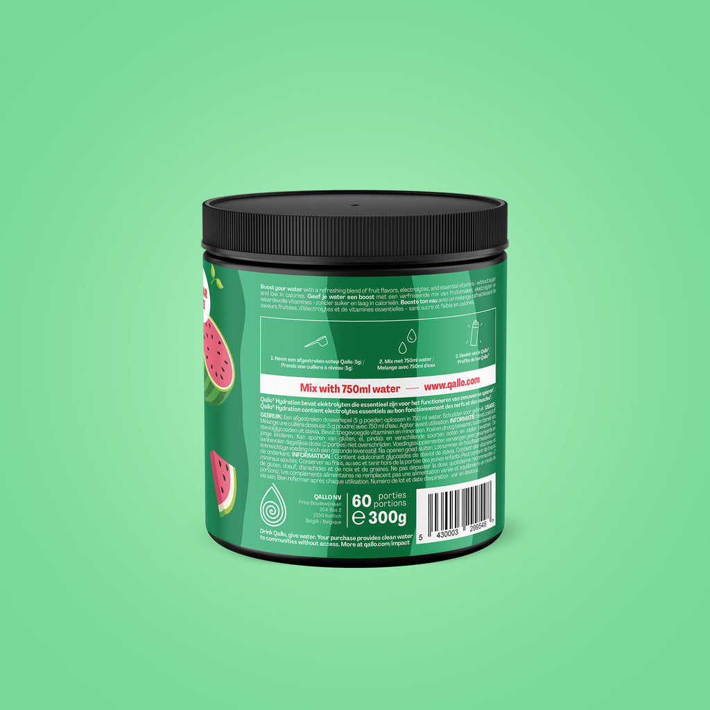 Qallo Hydration Watermelon tub, side with usage instructions