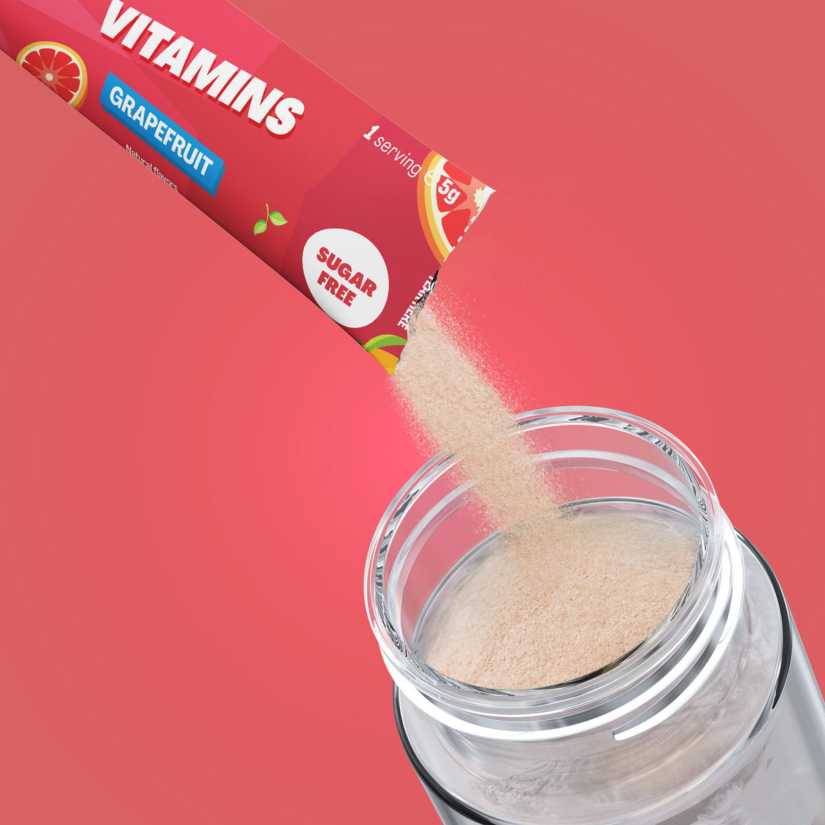 Qallo Vitamins Grapefruit sachets: sachet poured into a bottle