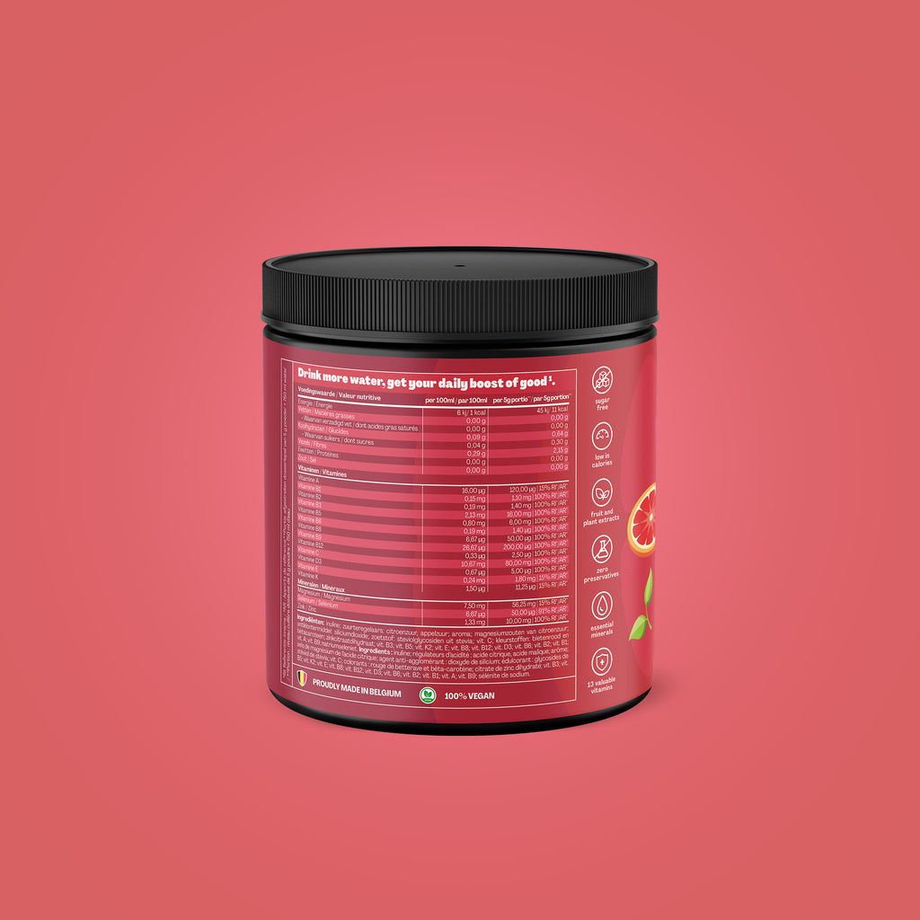 Qallo Vitamins Grapefruit tub, back with nutrition information