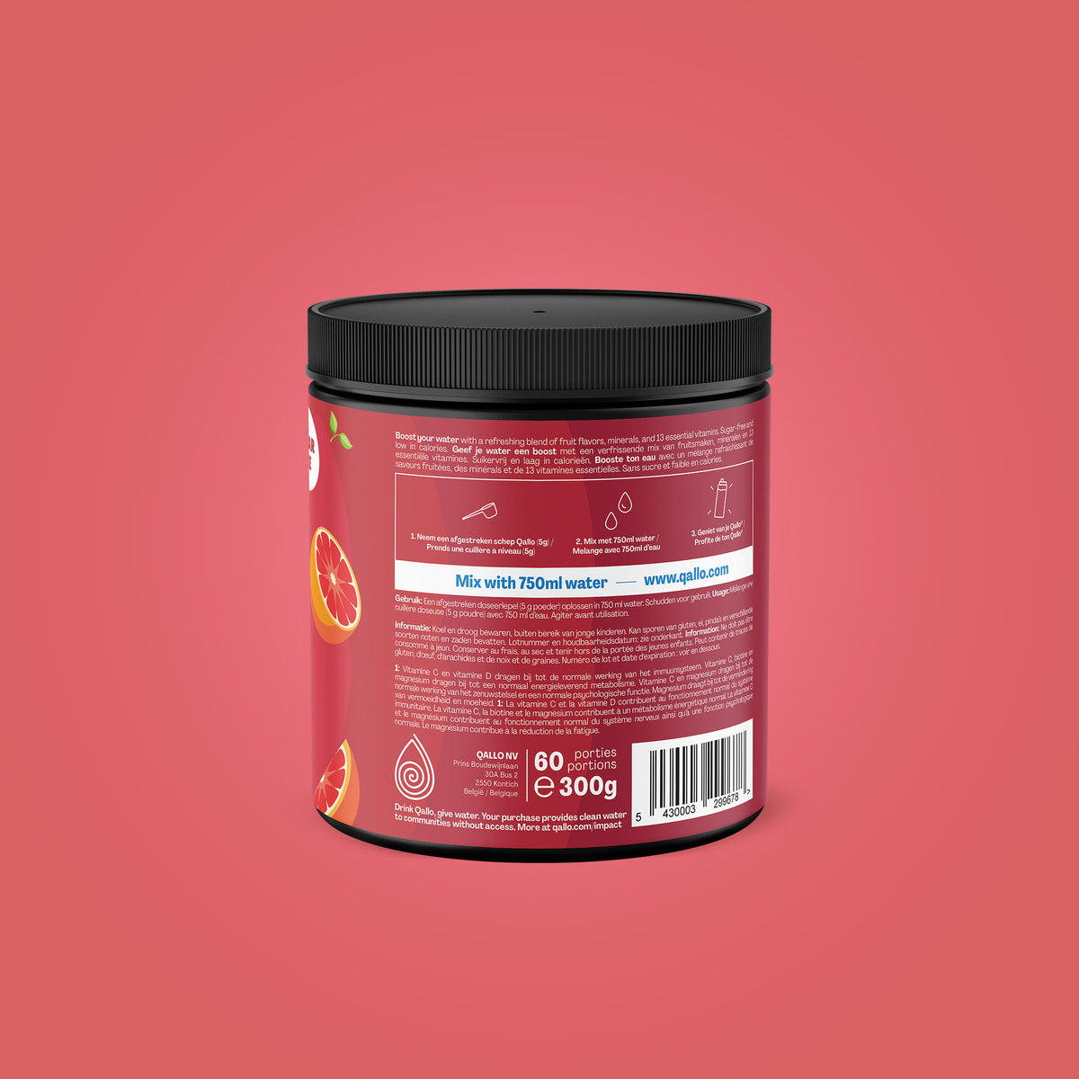 Qallo Vitamins Grapefruit tub, side with usage instructions