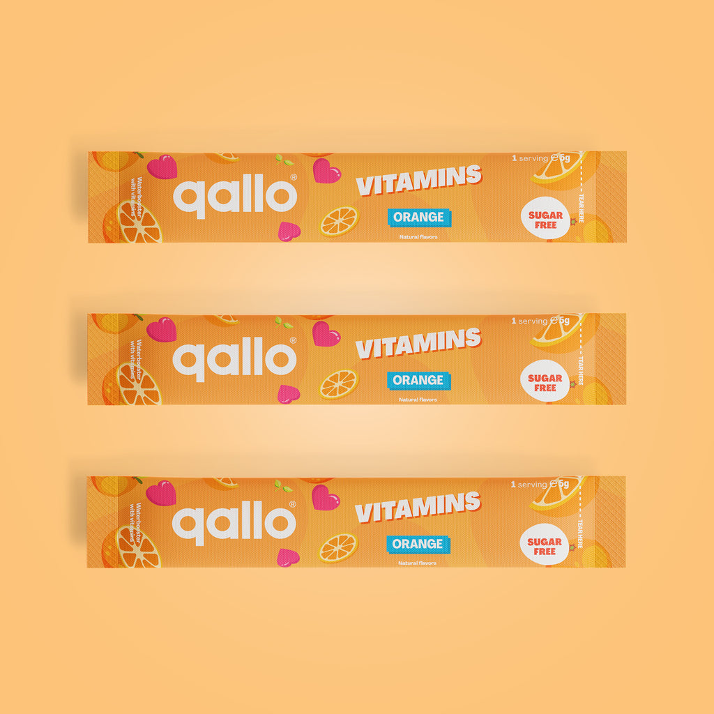 Qallo Vitamins Orange sachets, three sachets
