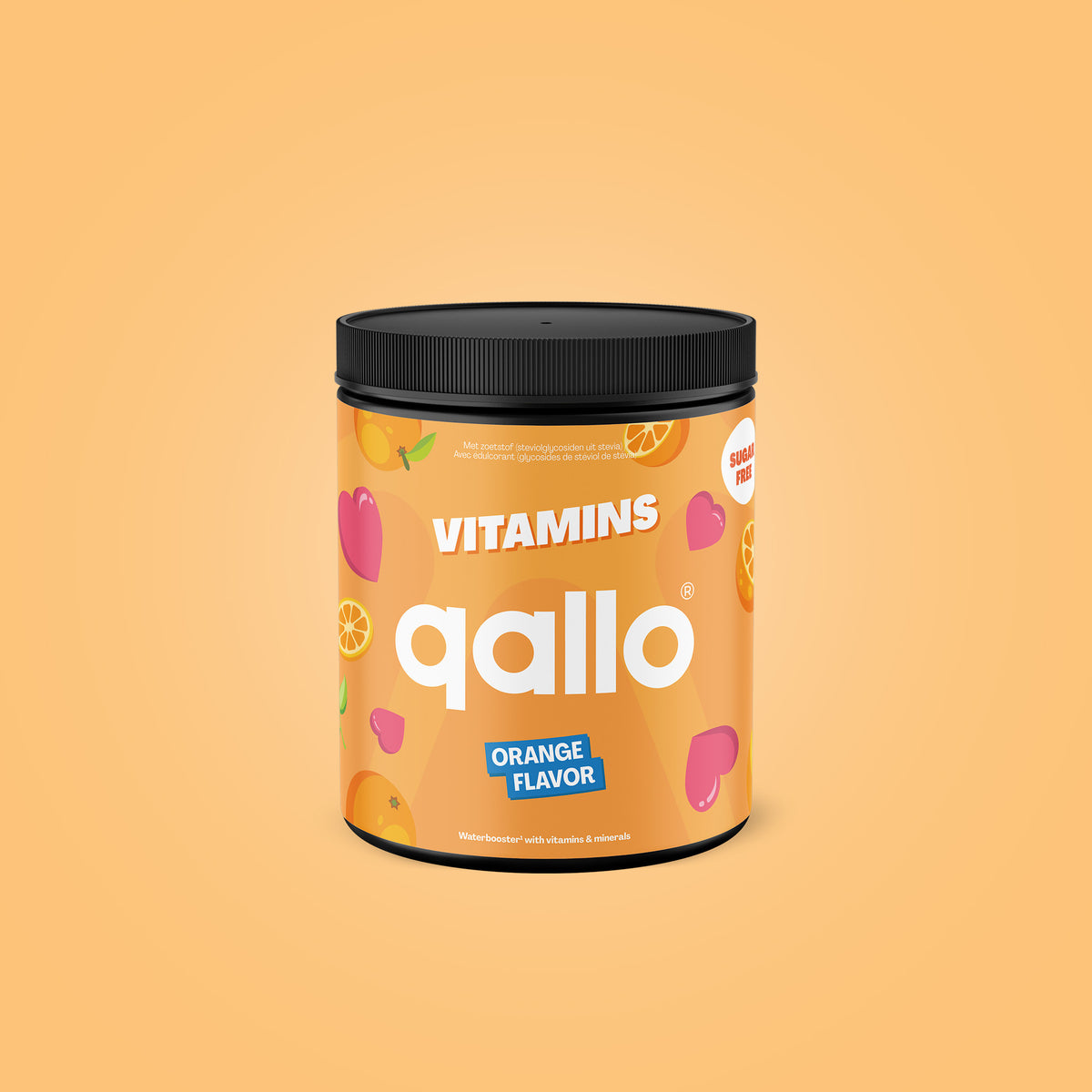 Qallo Vitamins Orange tub, 30 portions, front