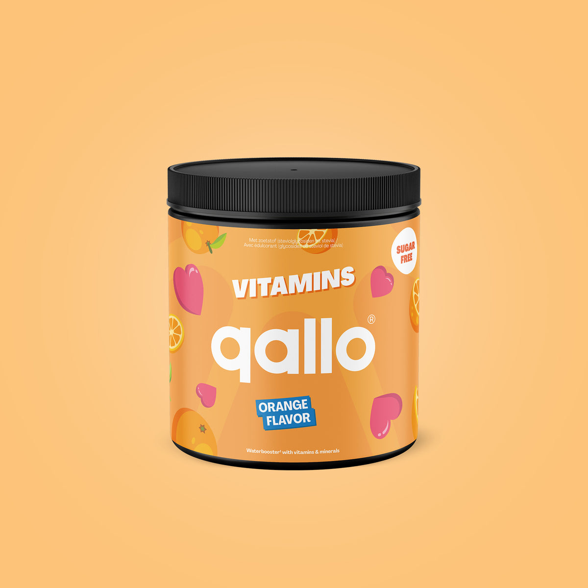 Qallo Vitamins Orange tub, 60 portions, front