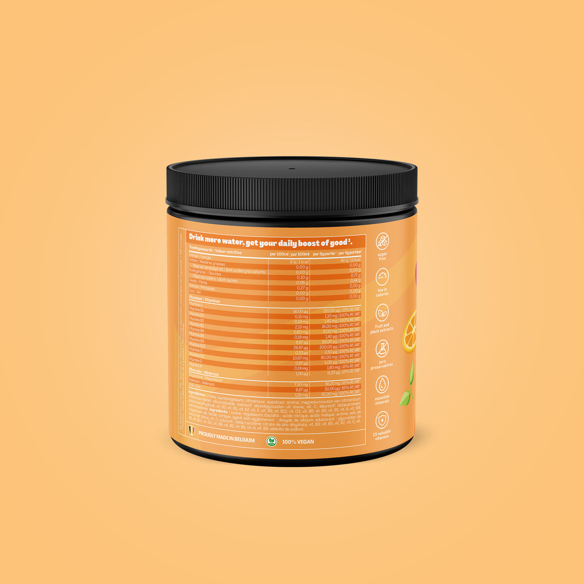 Qallo Vitamins Orange tub, back with nutrition information