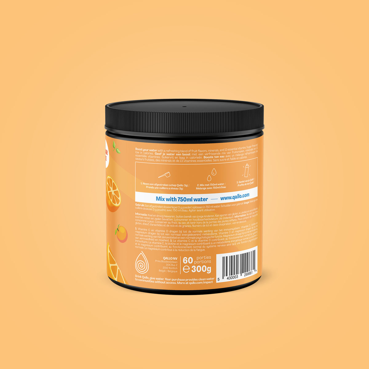 Qallo Vitamins Orange tub, side with usage instructions