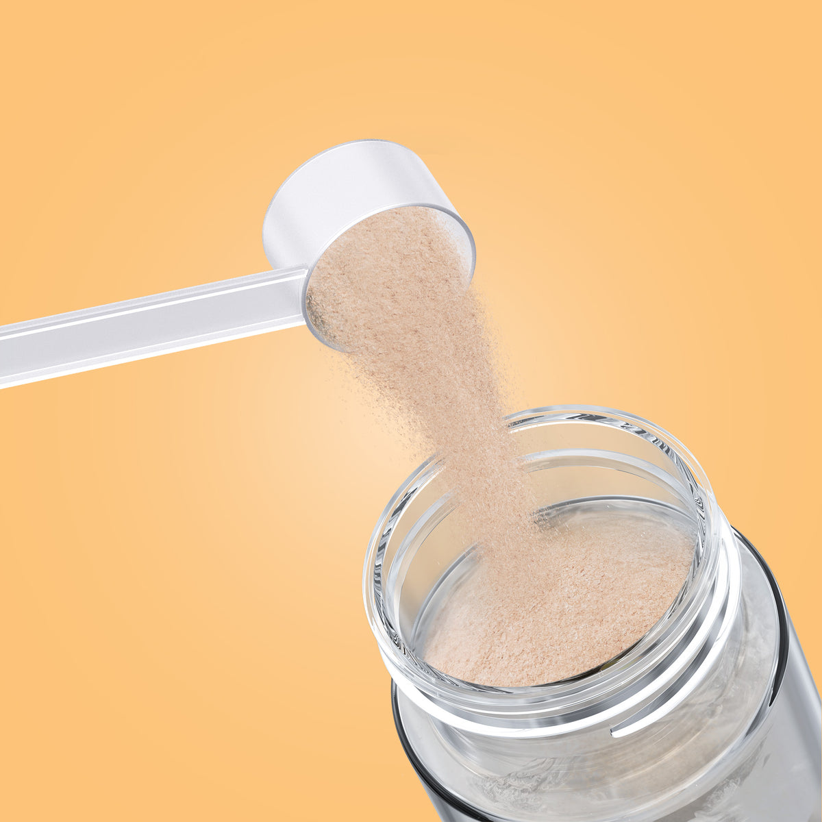 Qallo Vitamins Orange tub: scoop of powder poured into a bottle