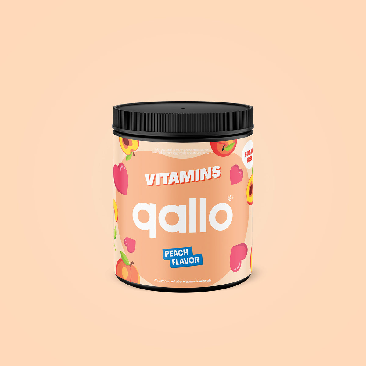 Qallo Vitamins Peach tub, 30 portions, front