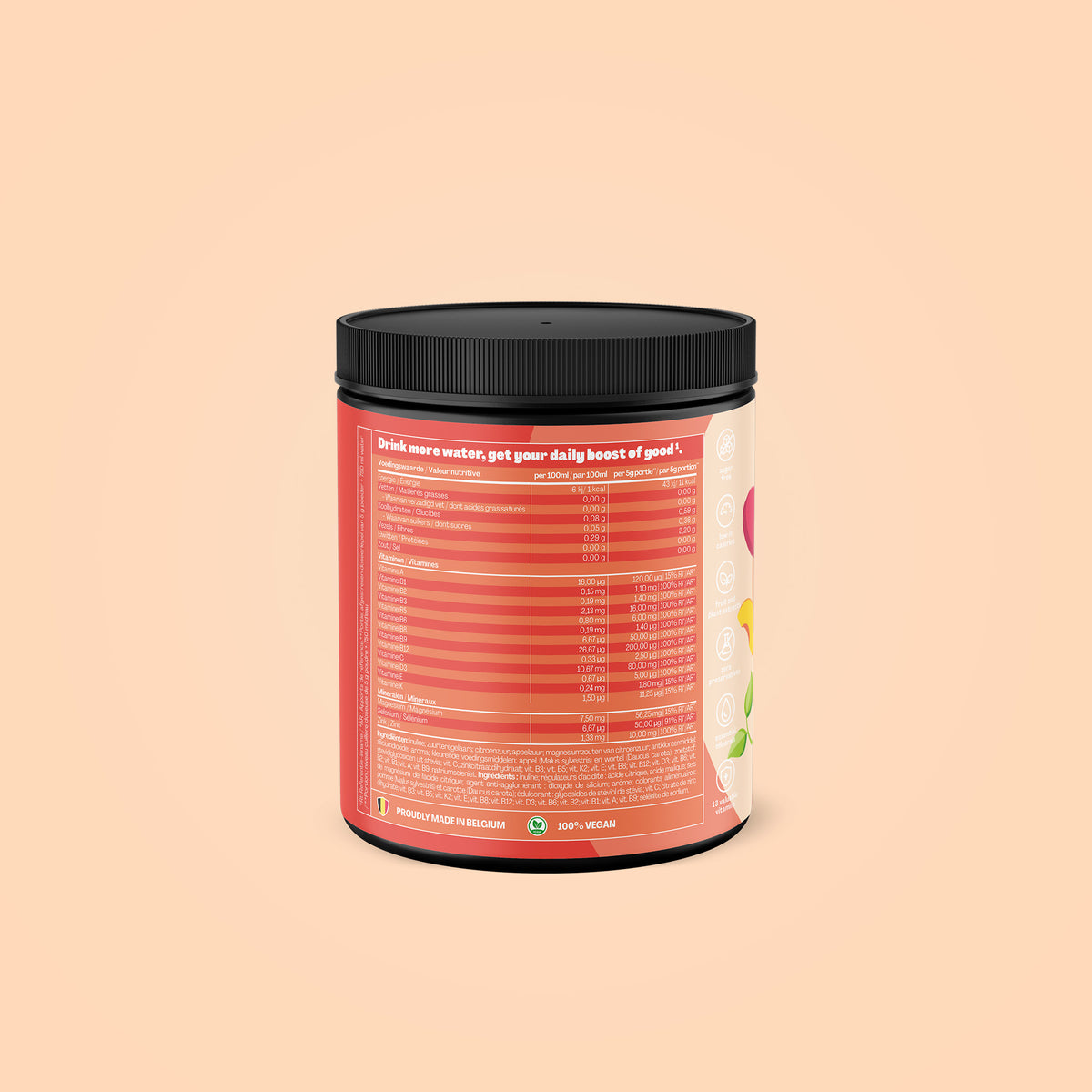 Qallo Vitamins Peach tub, back with nutrition information