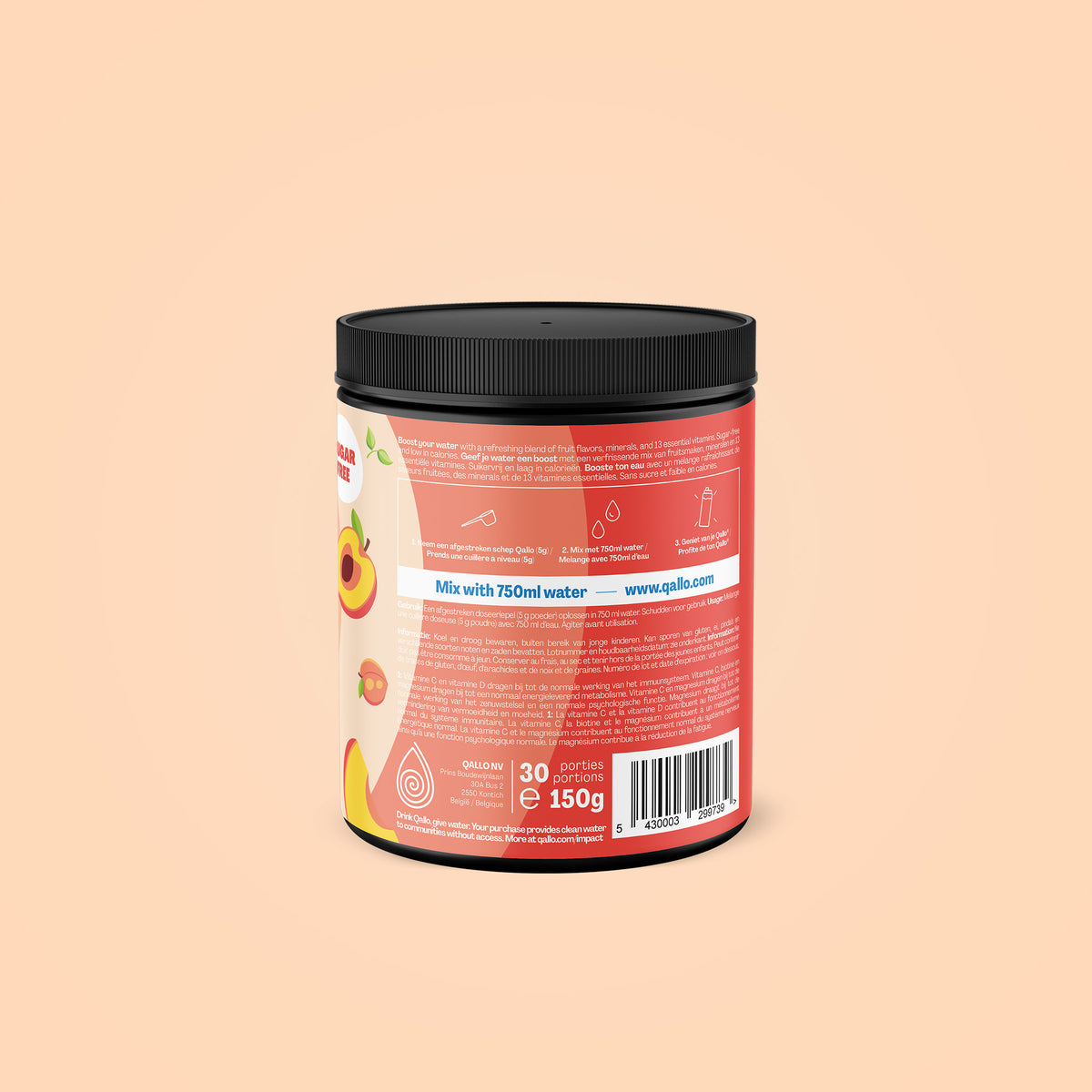 Qallo Vitamins Peach tub, side with usage instructions