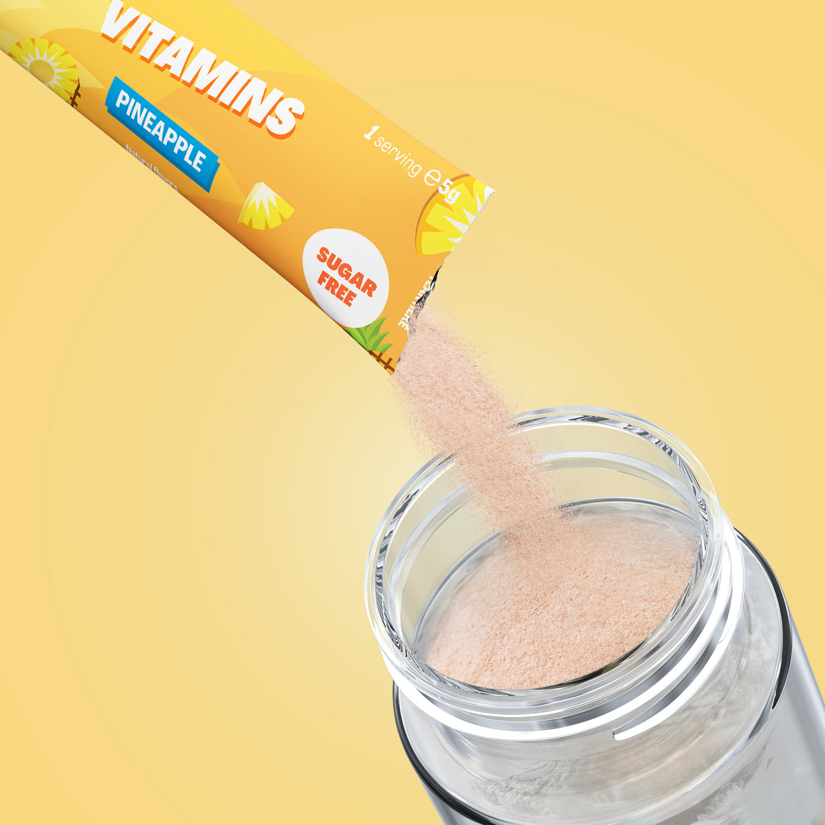Qallo Vitamins Pineapple sachets: sachet poured into a bottle