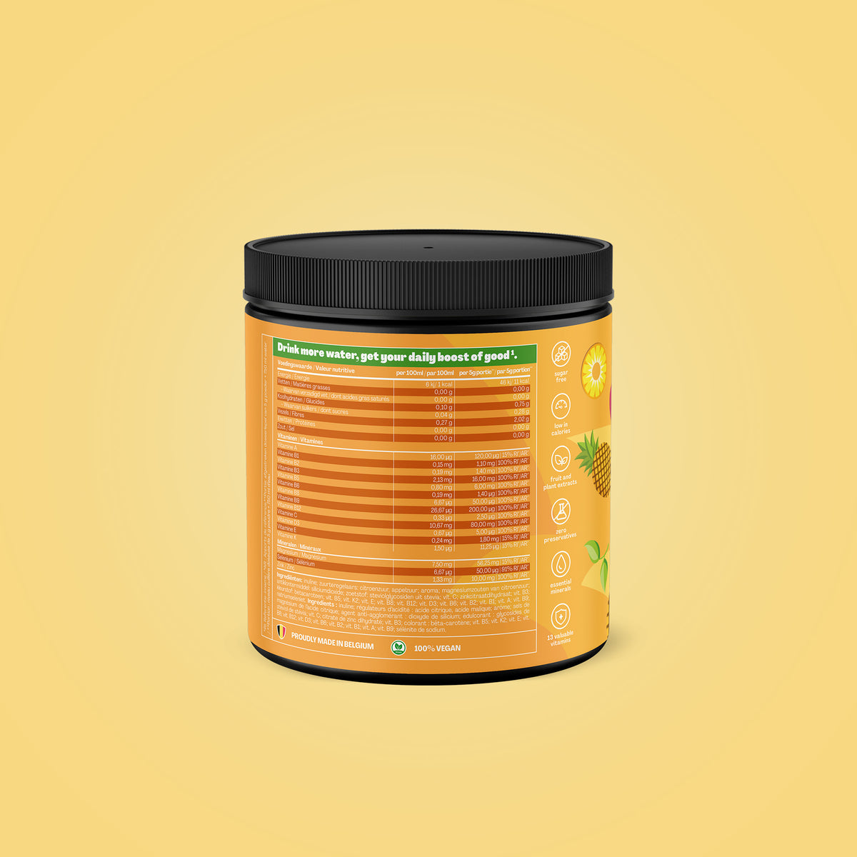 Qallo Vitamins Pineapple tub, back with nutrition information